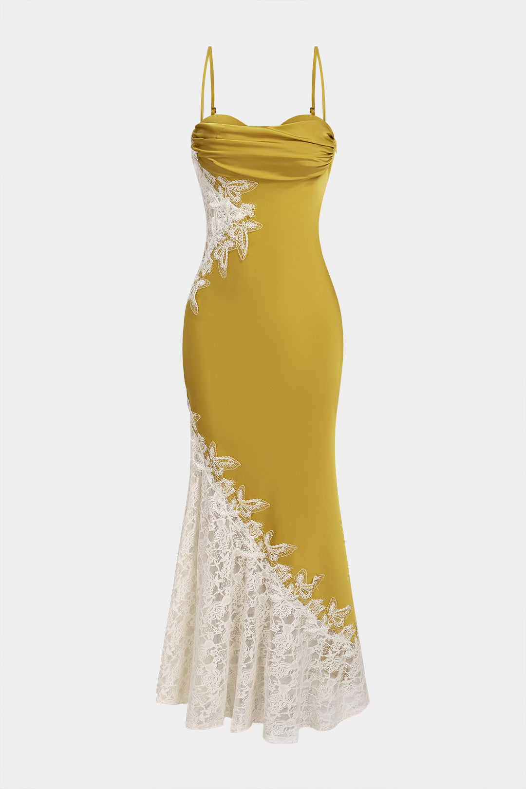 Lace Trim Patchwork Satin Asymmetrical Sleeveless Maxi Dress