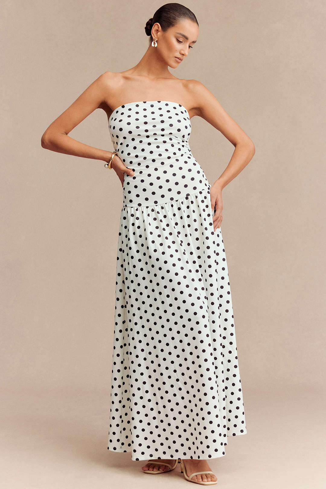 Polka Dots Print Strapless Sleeveless Maxi Dress