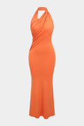 Asymmetrical Halter Neck Ruched Backless Sleeveless Maxi Dress