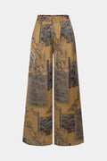 Abstract Print Satin Shirred Waistband Wide Leg Pants