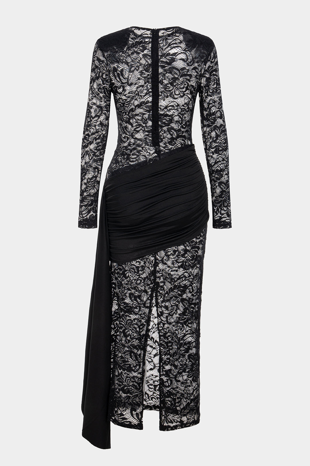 Sheer Lace Round Neck Asymmetrical Ruched Tie-Up Long Sleeve Midi Dress