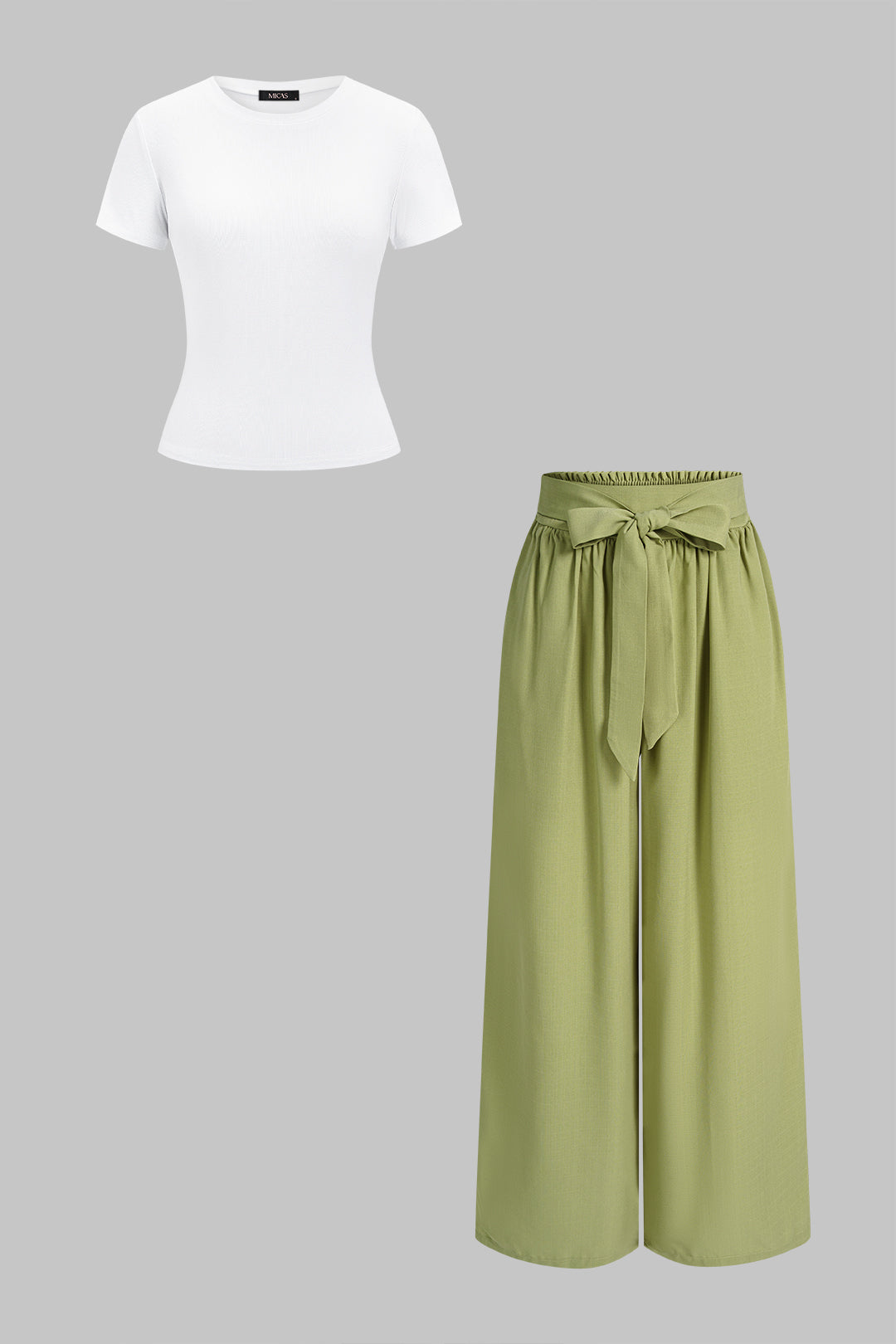 Round Neck Short Sleeve Top And Bow Wide Leg Pants Set