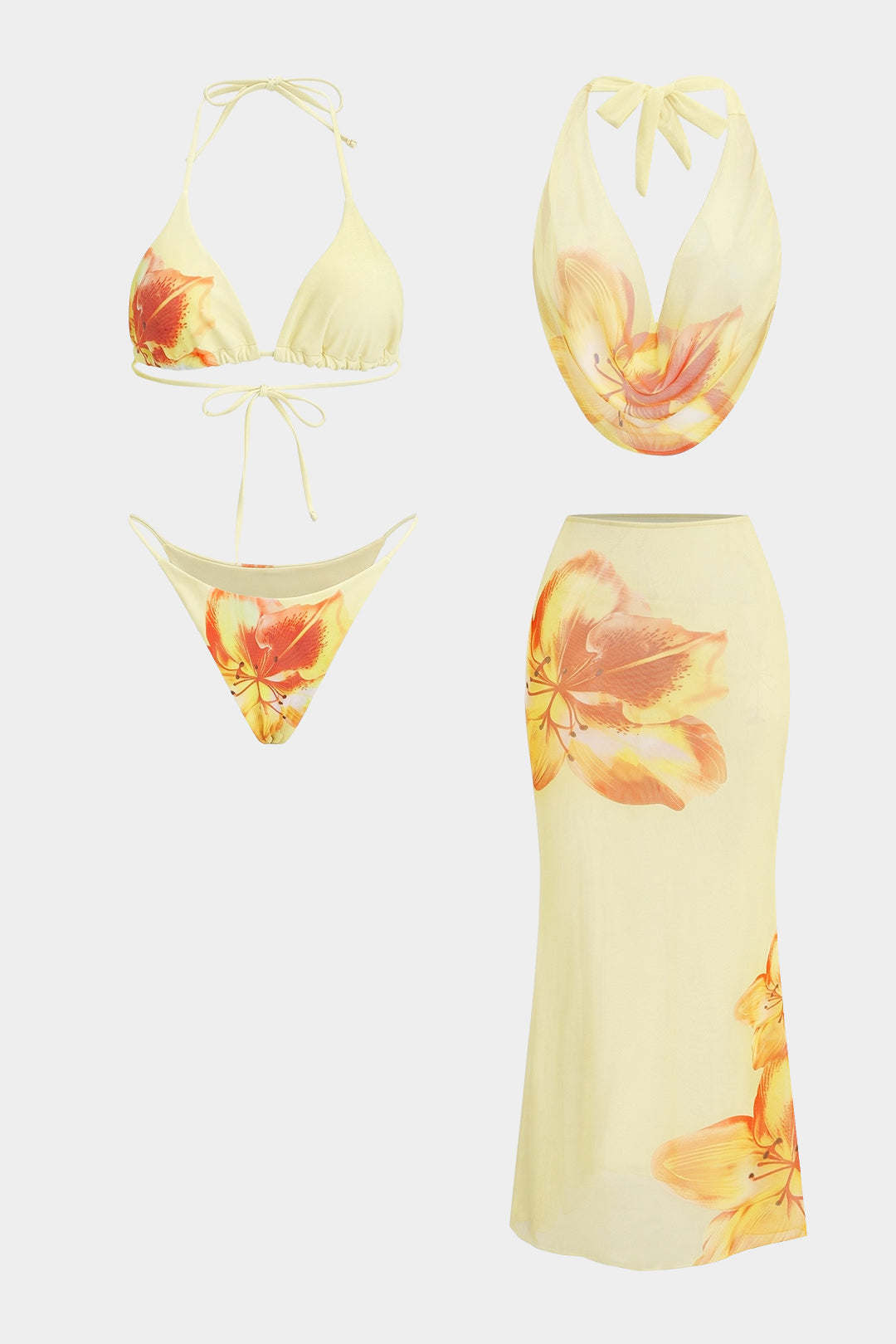 Floral Print Mesh Tie-Up Bikini Set