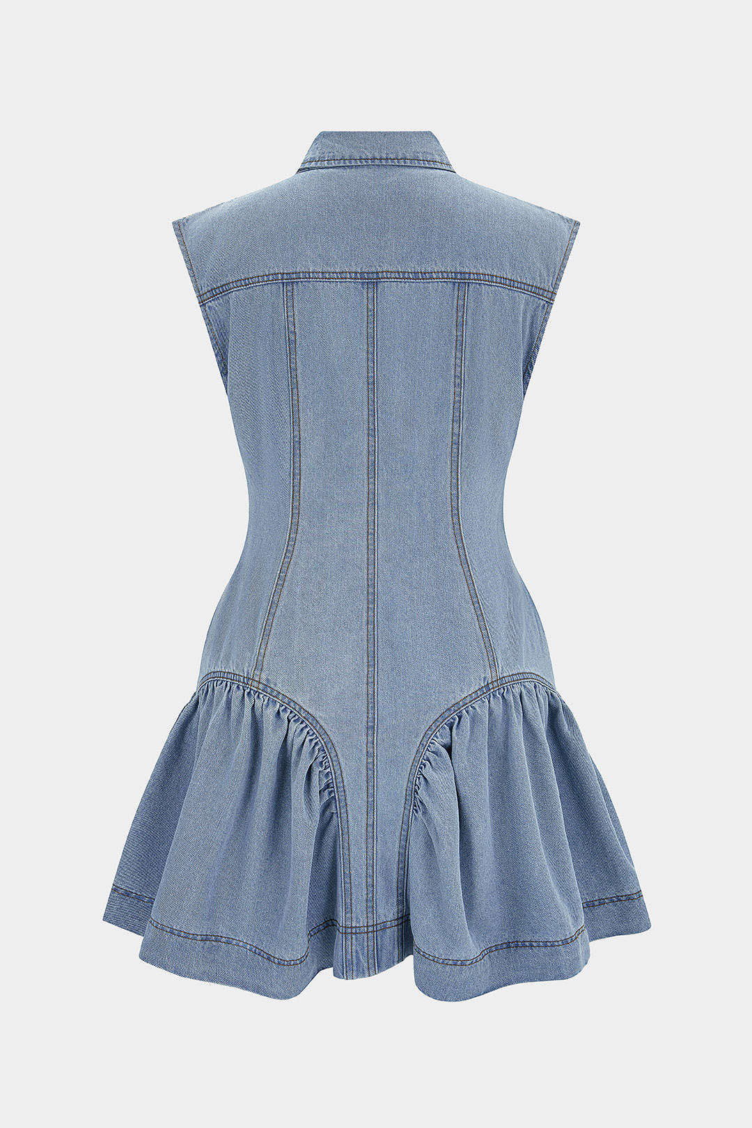 Denim Lapel Button Ruffle Sleeveless Dress