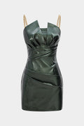 Faux Leather Metallic Ruched Sleeveless Slip Mini Dress