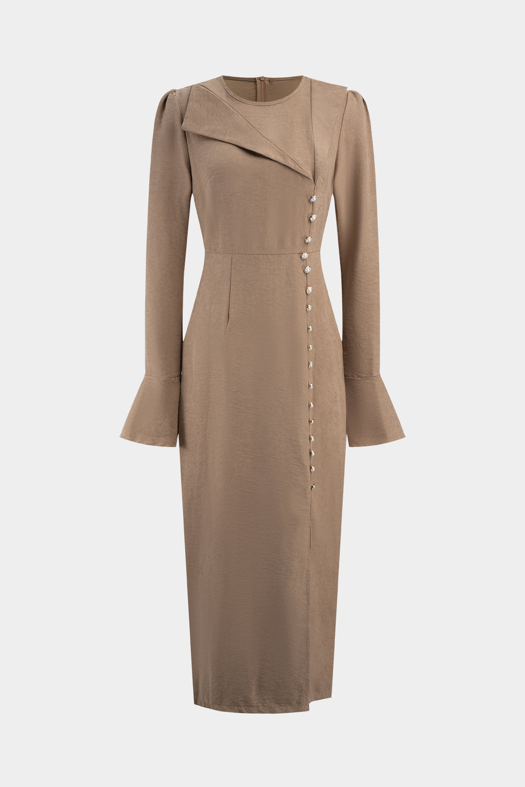 Round Neck Asymmetrical Button Long Sleeve Maxi Dress