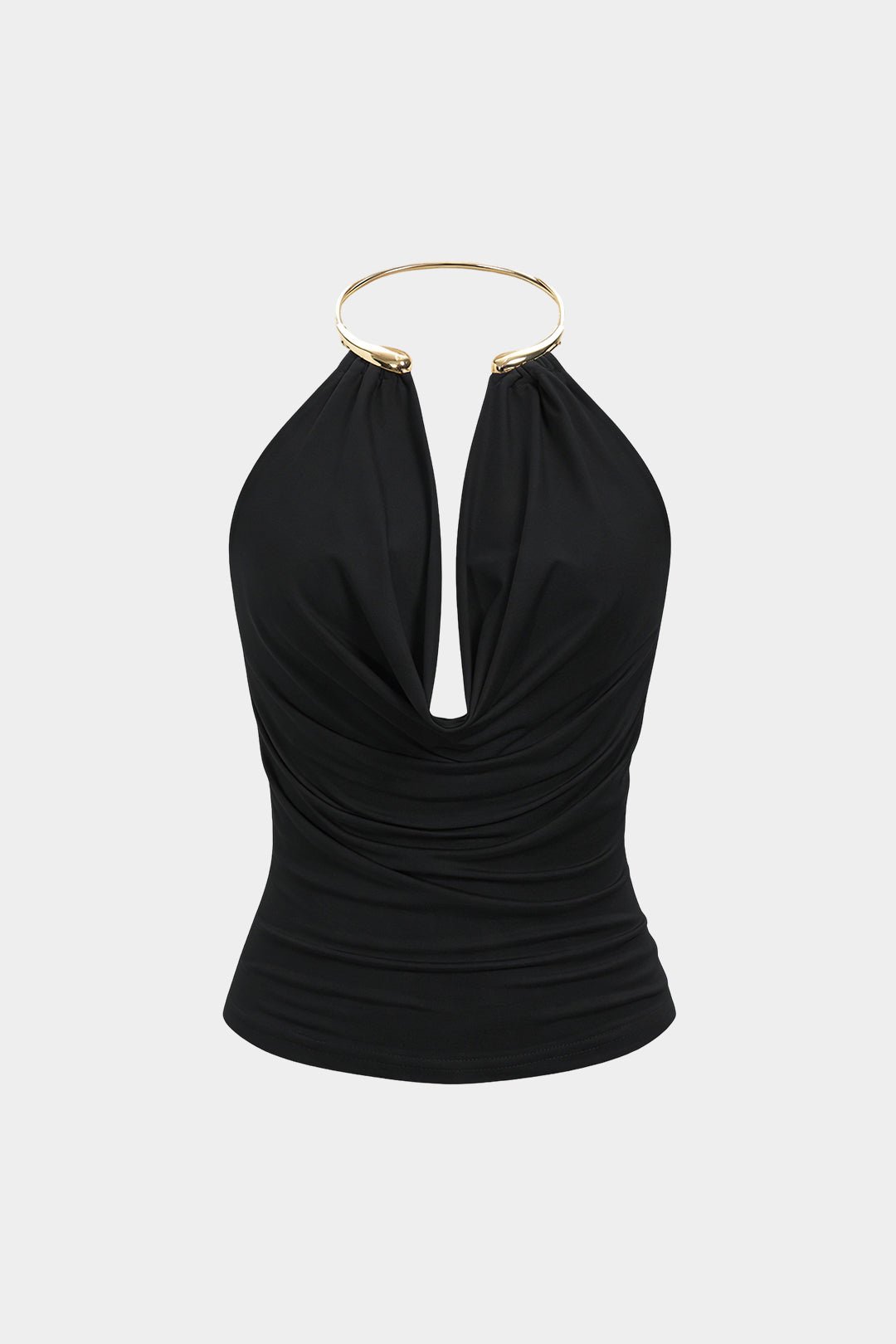 Draped Cowl Halter Neck Metallic Backless Tank Top
