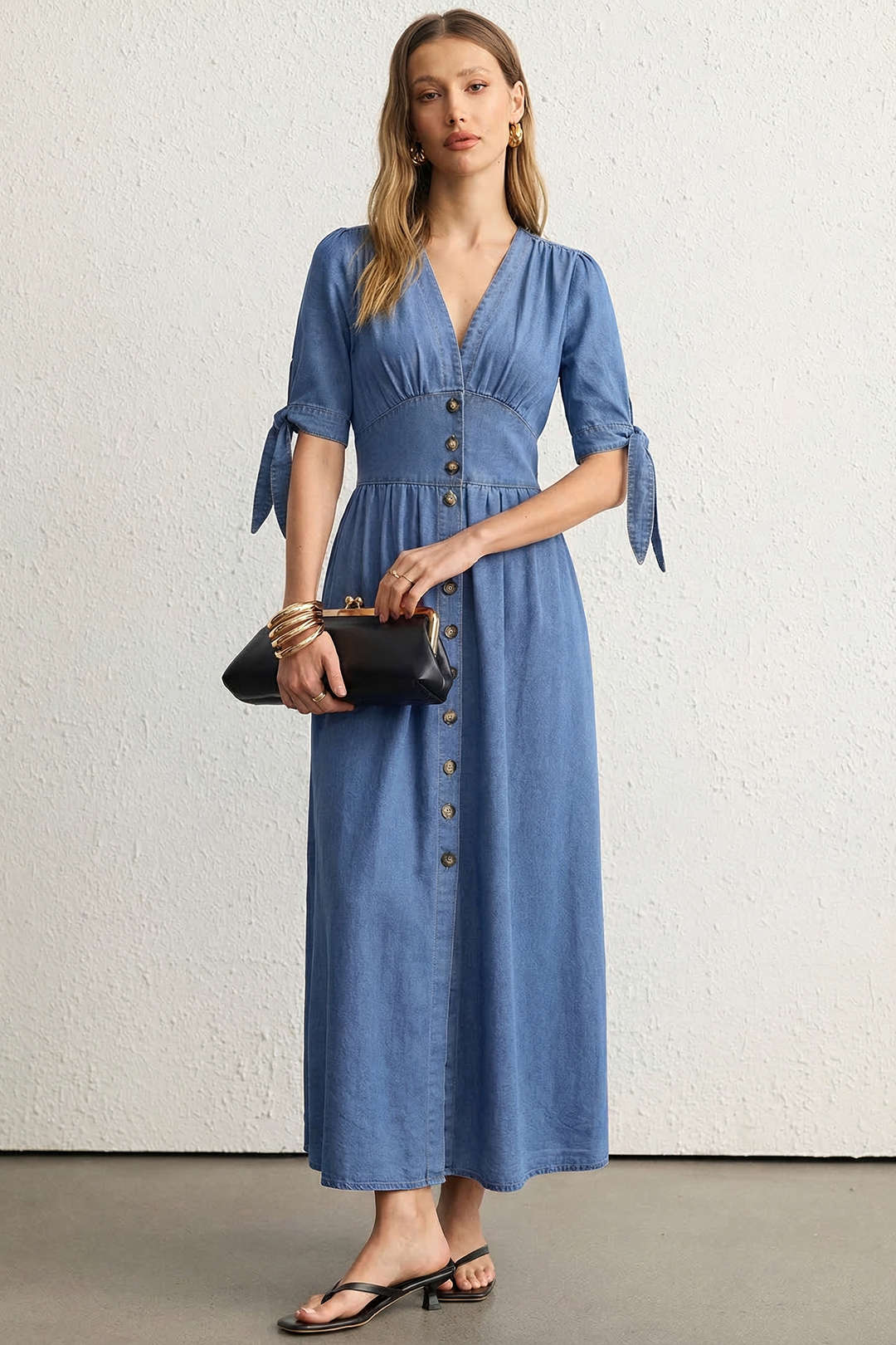 Denim V-Neck Ruched Button Tie-Up Short Sleeve Dress