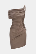 Ruched Twist Knot One Shoulder Short Sleeve Mini Dress