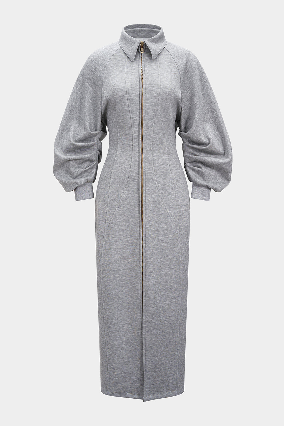 Lapel Zipper Long Sleeve Maxi Dress