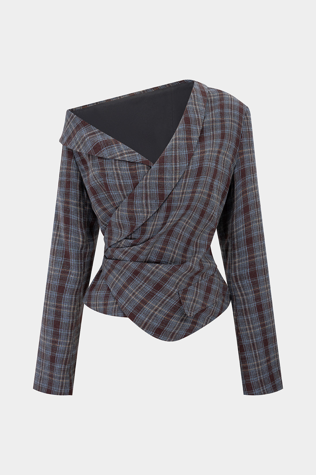 Plaid Print Asymmetrical One Shoulder Ruched Long-Sleeve Top