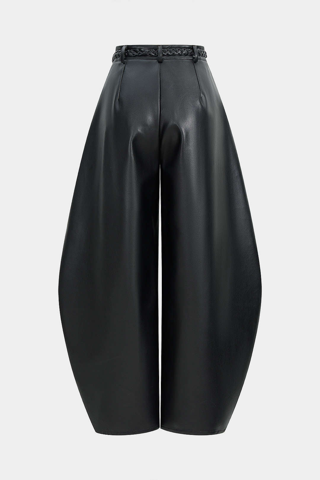 Faux Leather Braided Belted High Waist Barrel Trousers