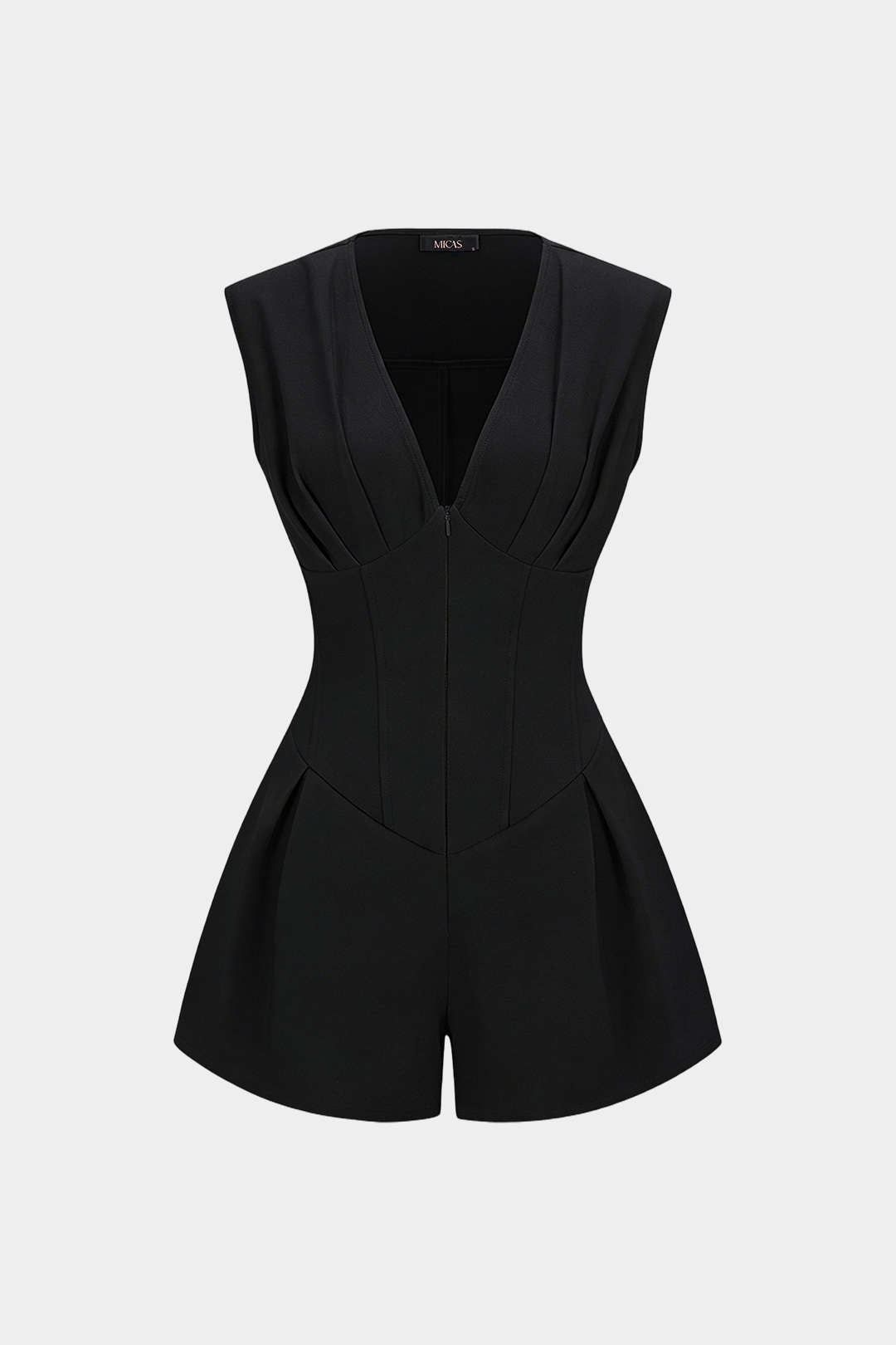 V-Neck Ruched Tie Back Zipper Sleeveless Romper