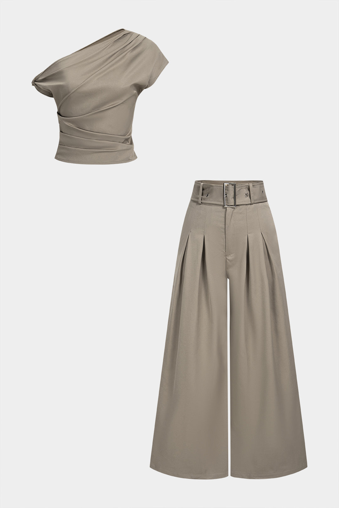 One Shoulder Ruched Twist Knot Tank Top And Belted Wide Leg Pants Set
