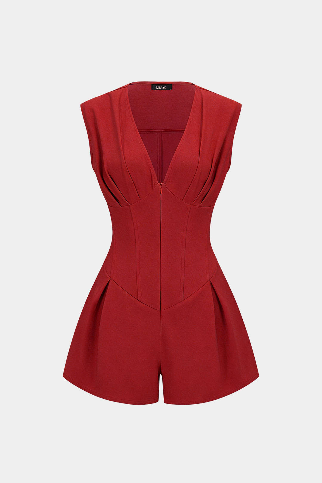 V-Neck Ruched Tie Back Zipper Sleeveless Romper