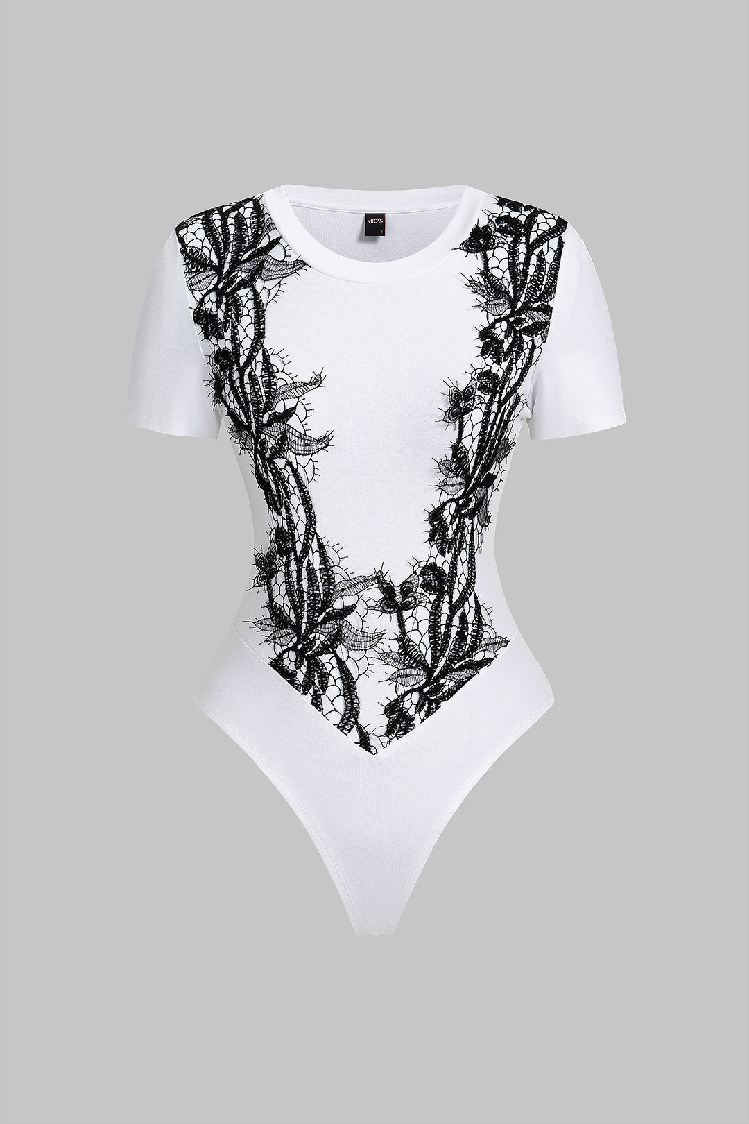 Patchwork Lace Trim Round Neck Short Sleeve Bodysuit