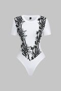 Patchwork Lace Trim Round Neck Short Sleeve Bodysuit