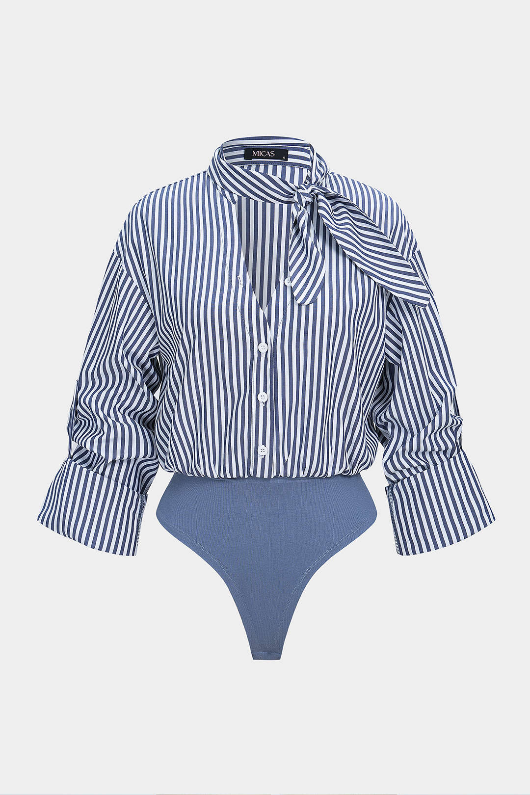 Stripes Print Button Patchwork Knotted Long Sleeve Bodysuit