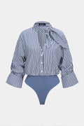 Stripes Print Button Patchwork Knotted Long Sleeve Bodysuit