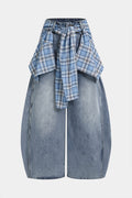 Denim Plaid Print Tie-Up Pocket High Waist Jeans