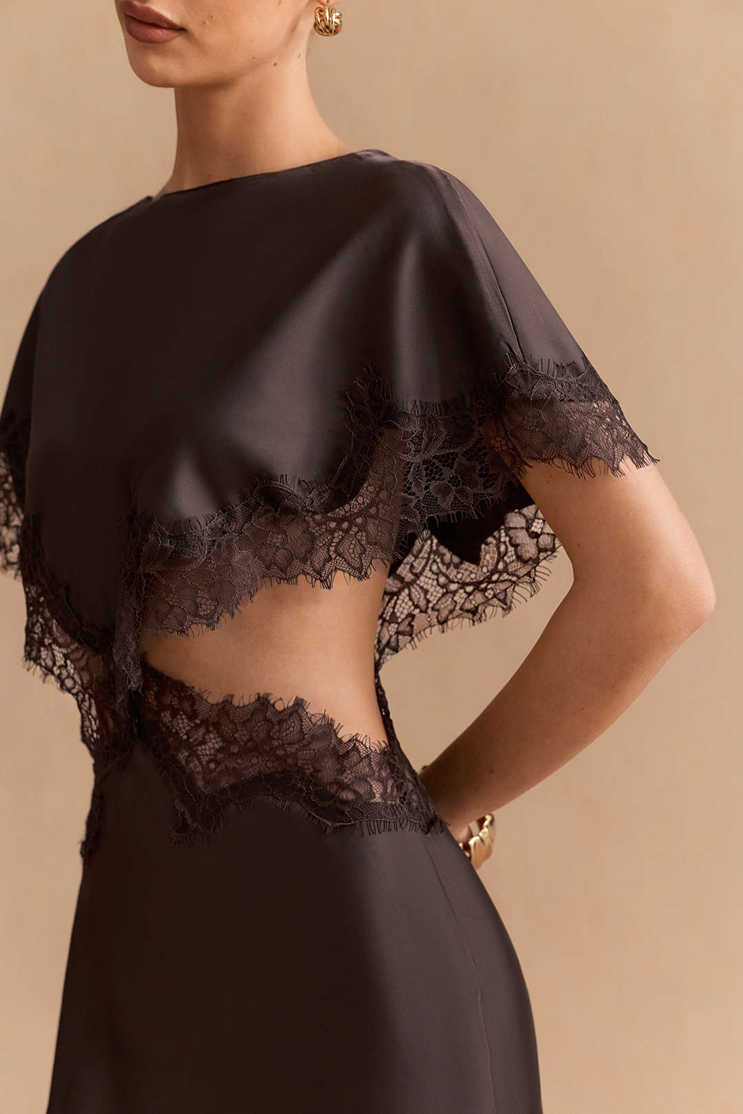 Satin Patchwork Lace Trim Cut Out Short Sleeve Midi Dress