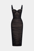 Sheer Mesh Ruched Bustier Slip Sleeveless Midi Dress
