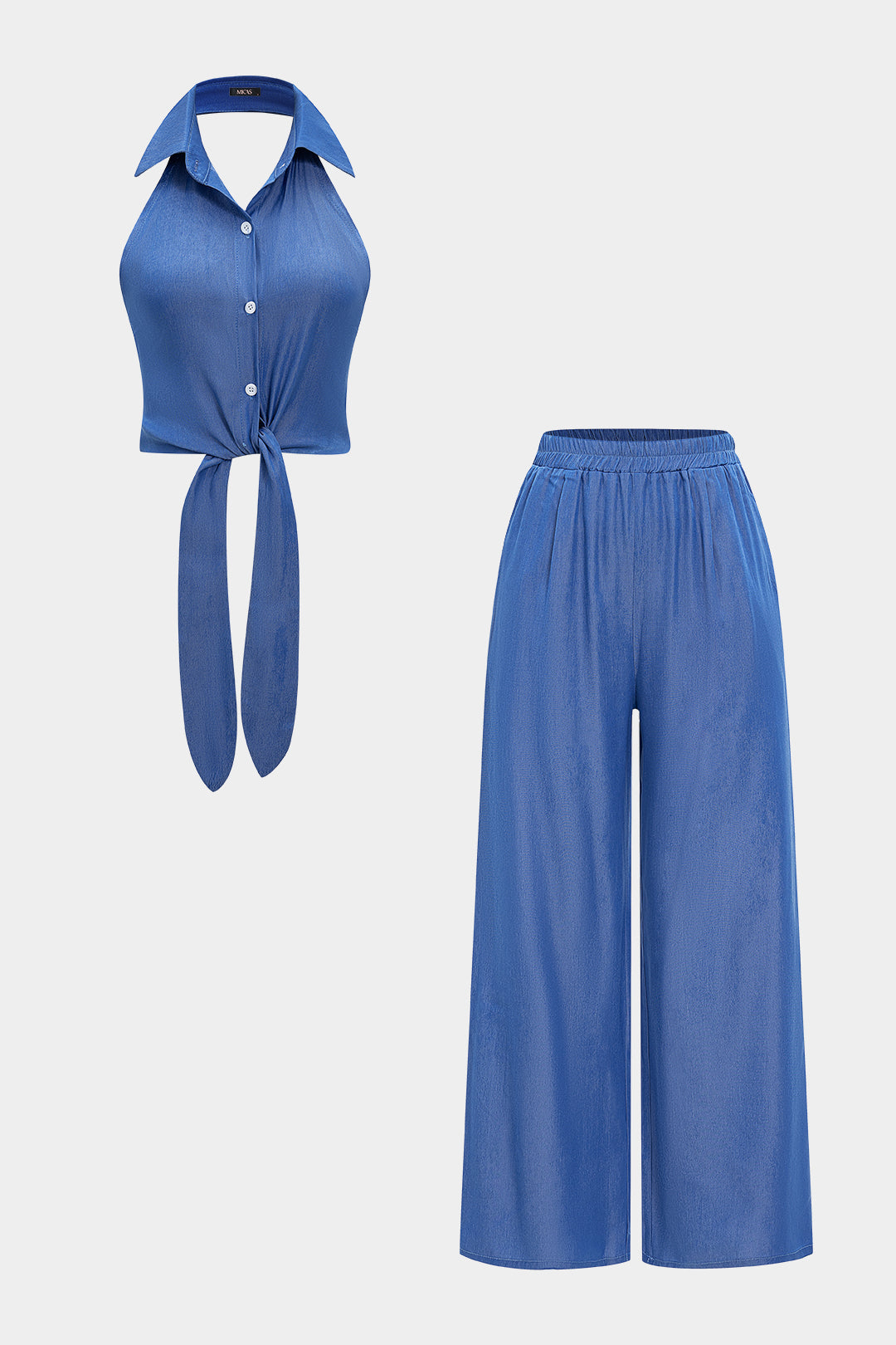 Denim Lapel Tie Front Backless Vest And Shirred Waistband Wide Leg Pants Set