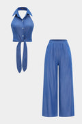 Denim Lapel Tie Front Backless Vest And Shirred Waistband Wide Leg Pants Set