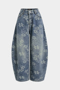Denim Floral Print Pocket Wide Leg Jeans
