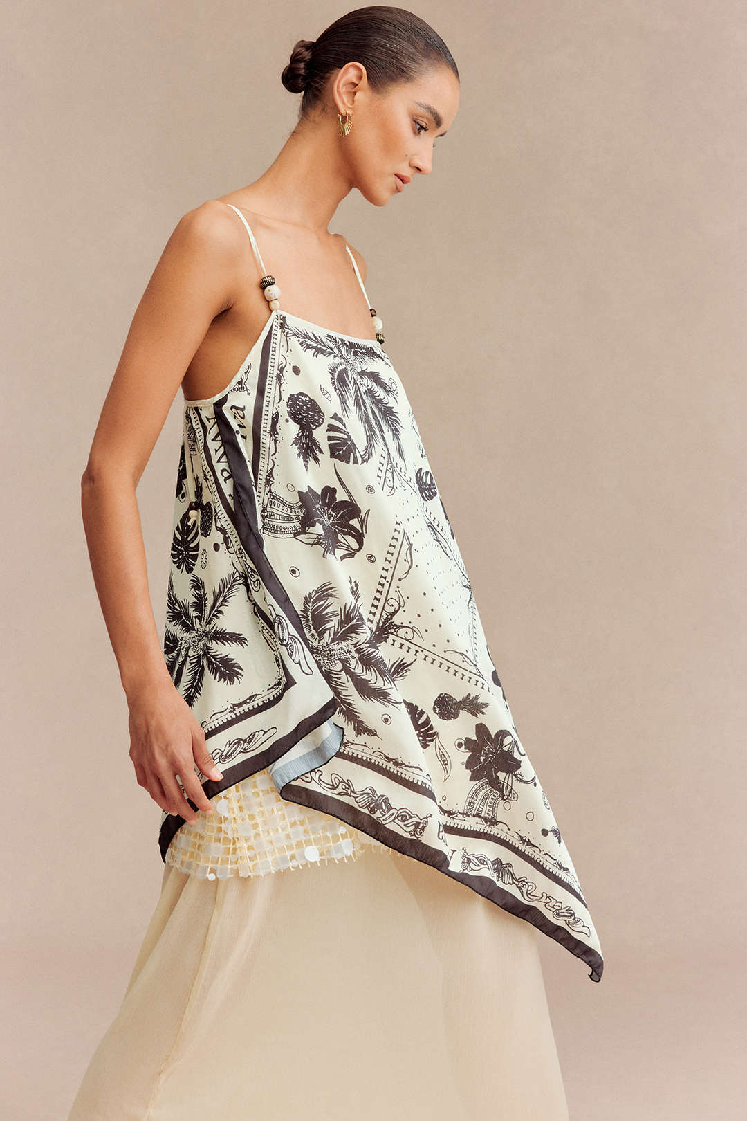 Leaf Print Patchwork Sequin Beaded Sleeveless Midi Dress