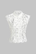 Lace Mock Neck Button Hollow Out Tank Top