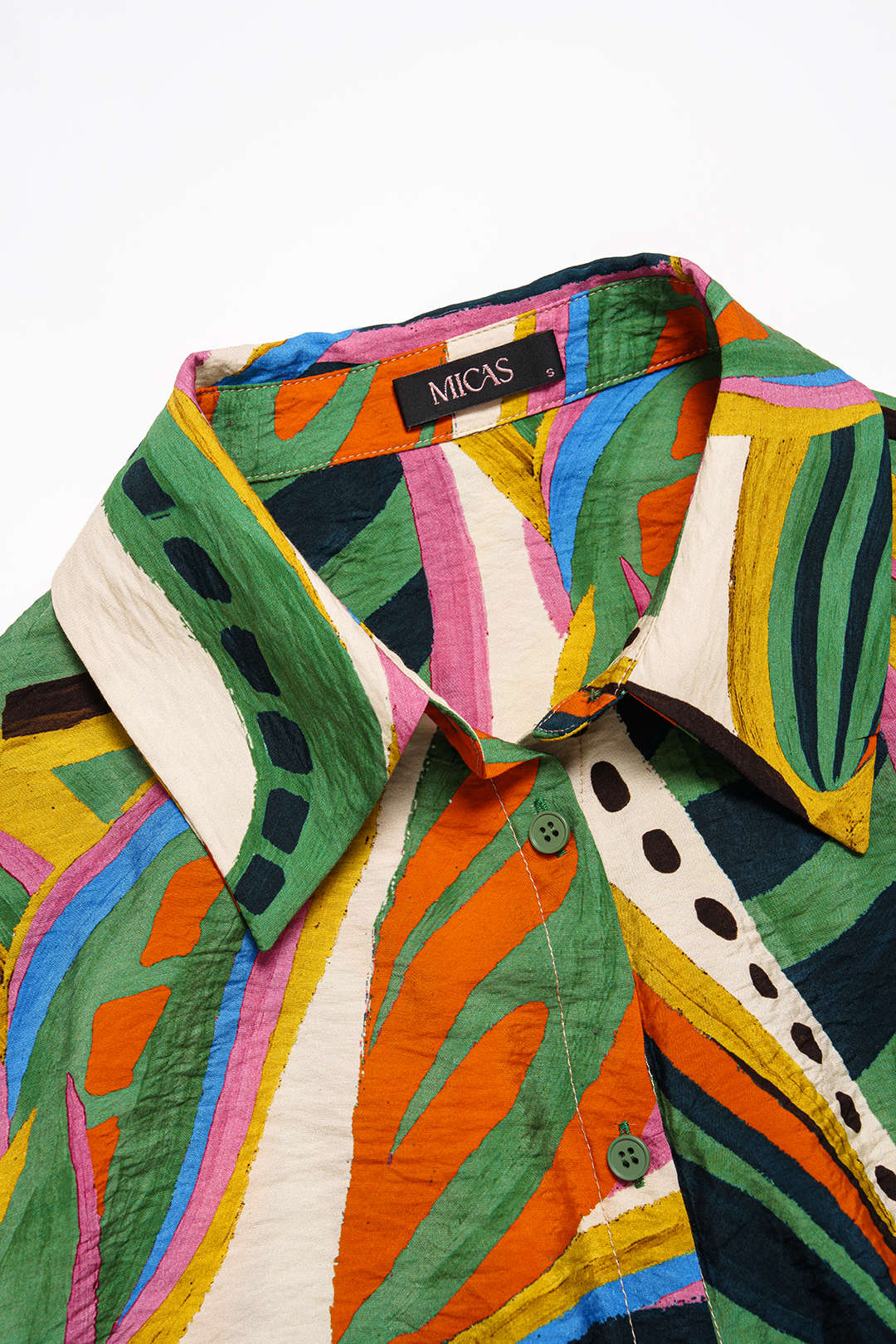 Leaves Contrast Print Tie-Up Button Short-Sleeve Blouse