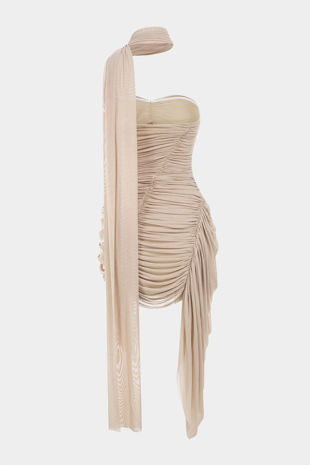 Mesh Patchwork Asymmetrical Ruched Backless Ruched Sleeveless Mini Dress With Scarf