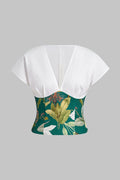 Leaves Print V-Neck Short-Sleeve Shirt