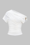 Metallic Decor One Shoulder Ruched Short Sleeve T-Shirt