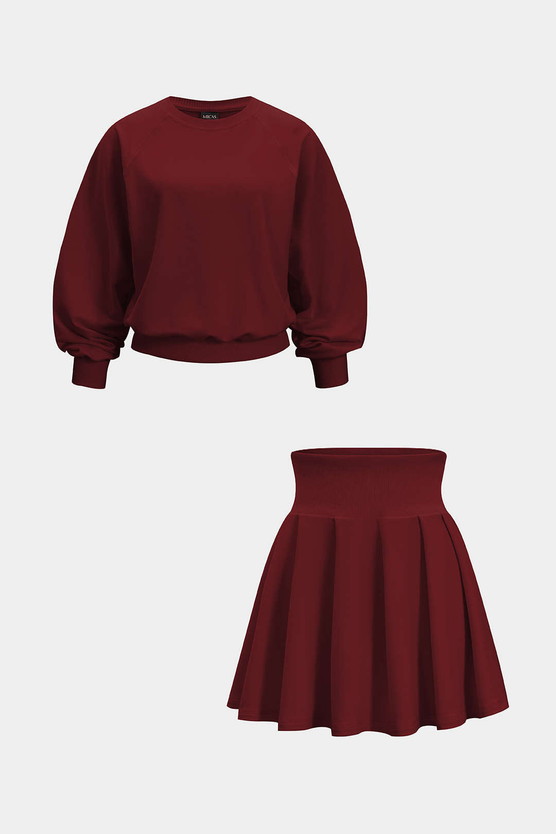 Solid Long-Sleeve Top And Pleated Skirt Set