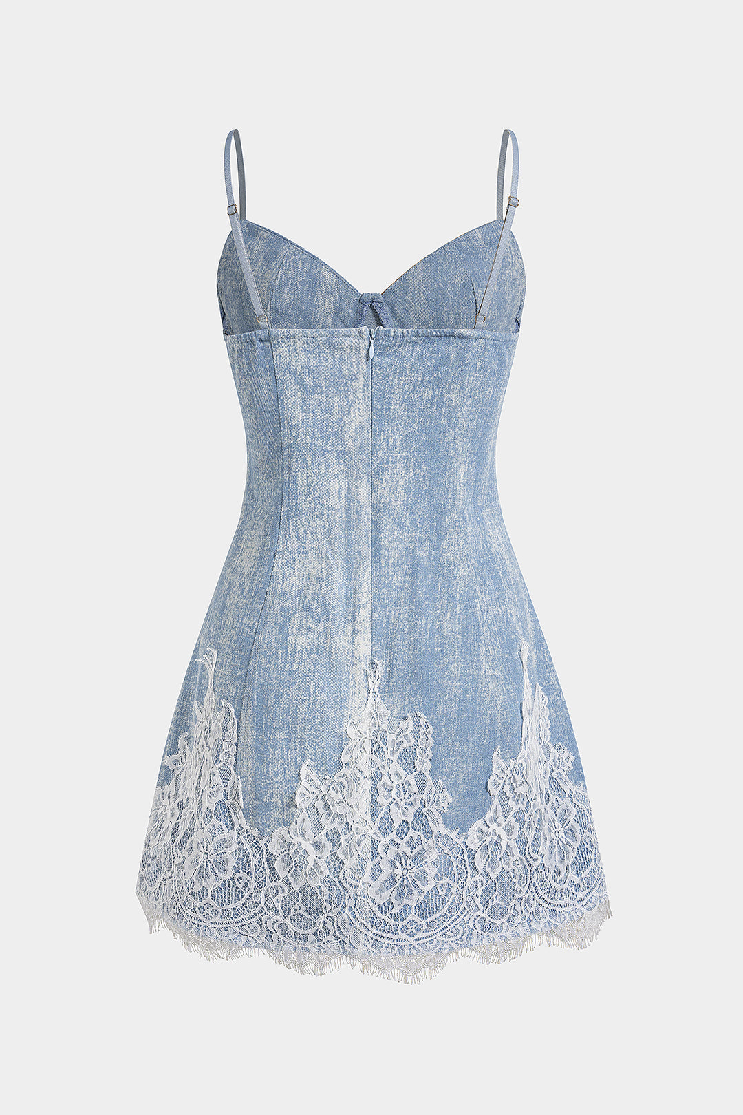 Denim Patchwork Lace Trim Zipper Sleeveless Mini Dress