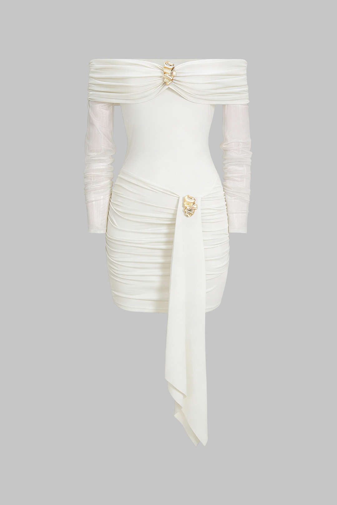 Off Shoulder Sheer Metallic Decor Ruched Long Sleeve Mini Dress
