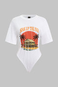 Coconut Palm Letter Print Round Neck Short Sleeve Bodysuit