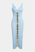 V-Neck Twist Knot Ruched Sleeveless Midi Dress