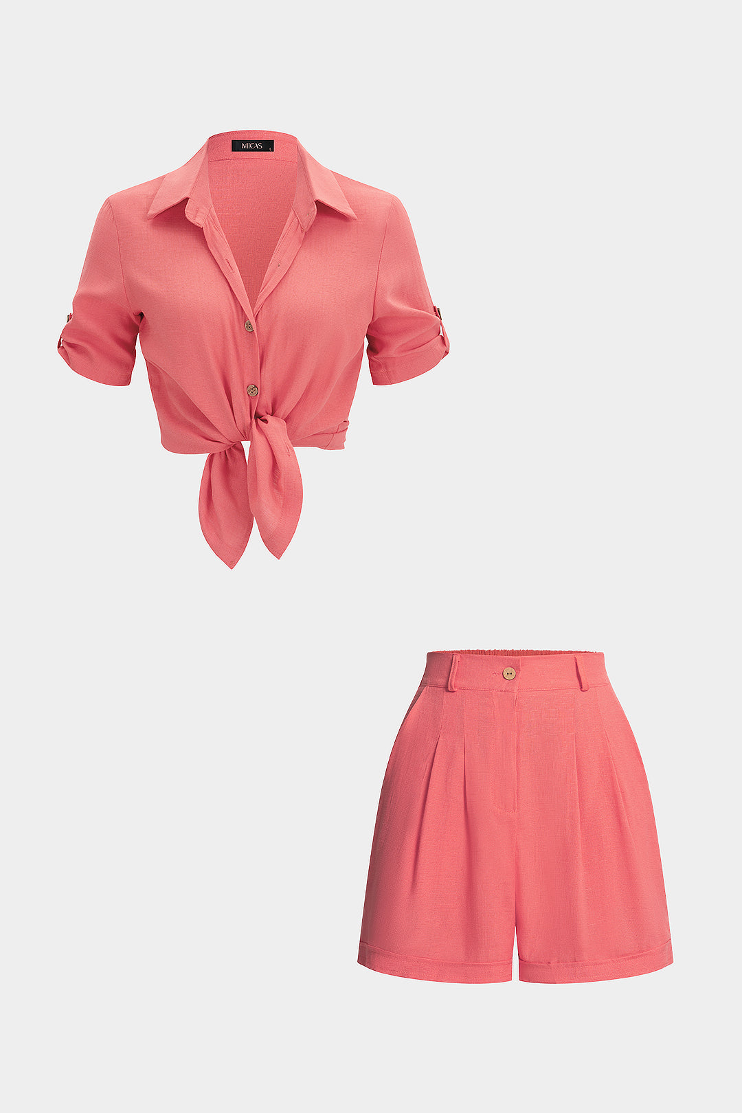 Lapel Button Short Sleeve Shirt And High Waist Shorts Set