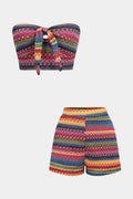 Multicolor Striped Tie Front Cropped Tube Top And High Waist Shorts Set