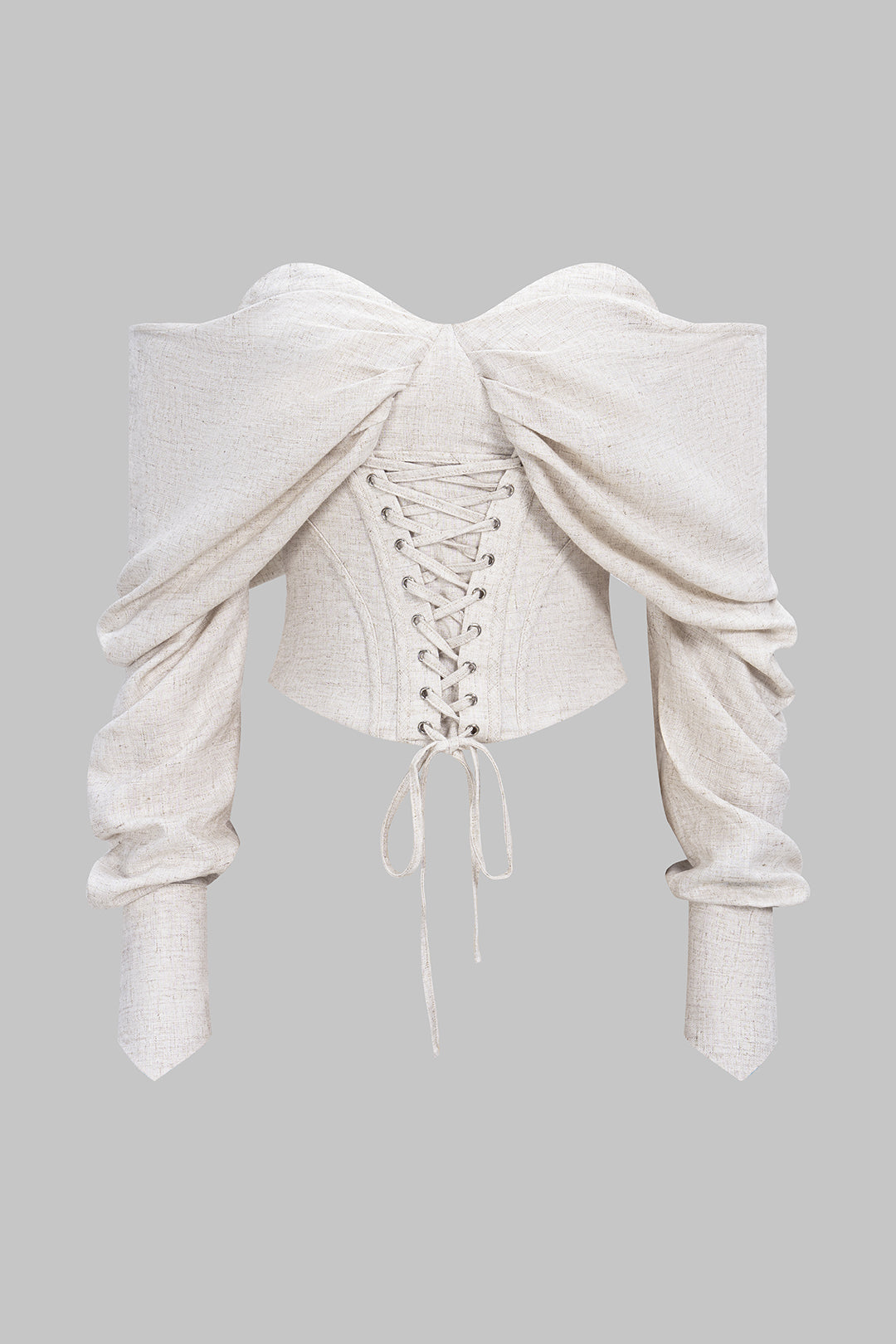 Linen Off-Shoulder Tie Front Corset Runched Long-Sleeve Shirt