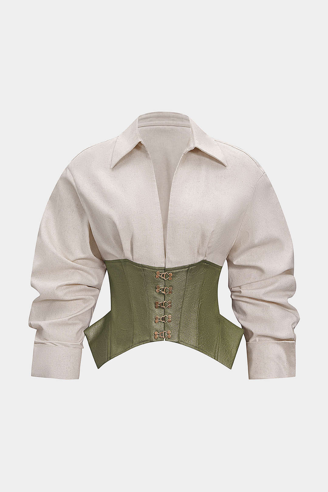Linen Patchwork Metallic Buckle Long-Sleeve Shirt