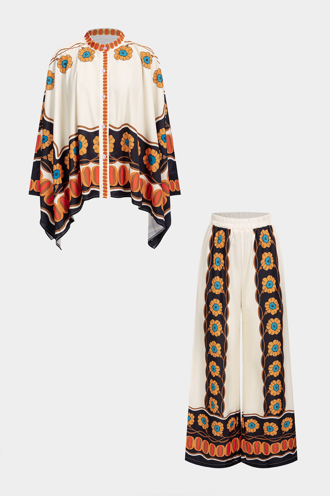 Tropical Print Button Long Sleeve Shirt And Wide Leg Pants Set