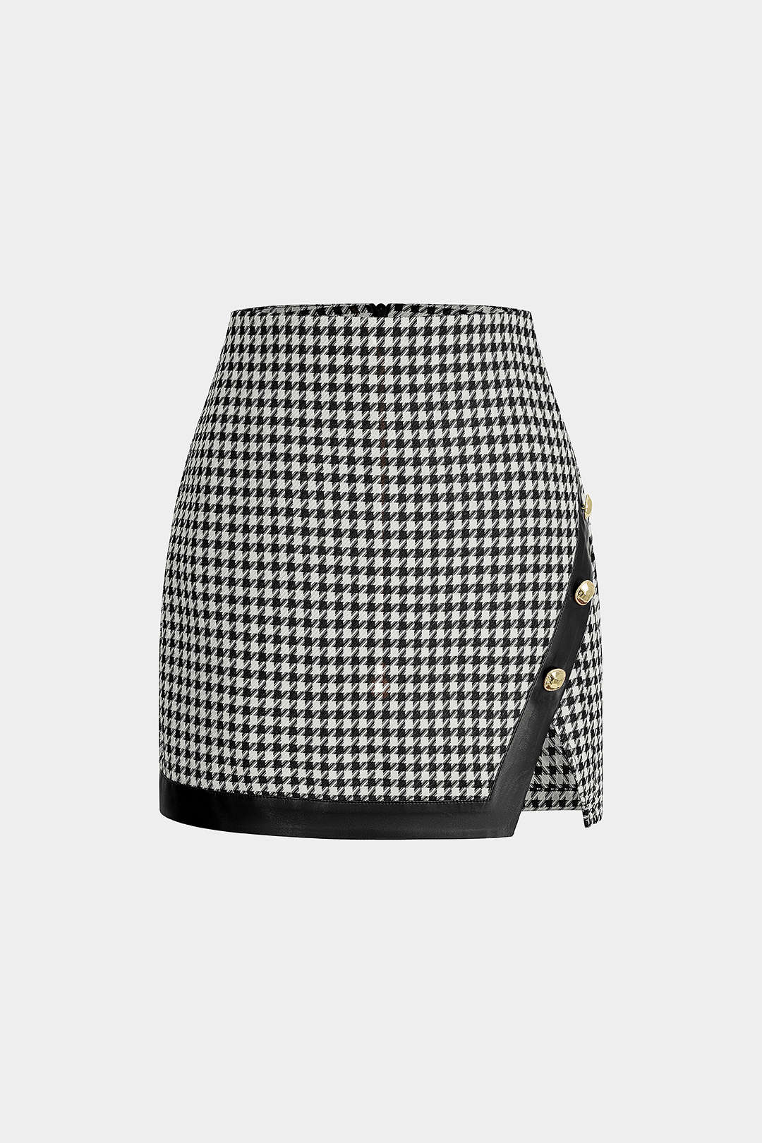 Houndstooth Print Faux Leather Patchwork Asymmetrical Side Split Skirt