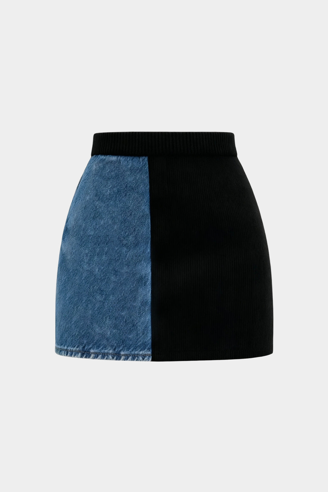 Knit Denim Patchwork Metallic Eyelet Mini Skirt
