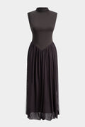 Patchwork Mesh Mock Neck Ruched Sleeveless Midi Dress