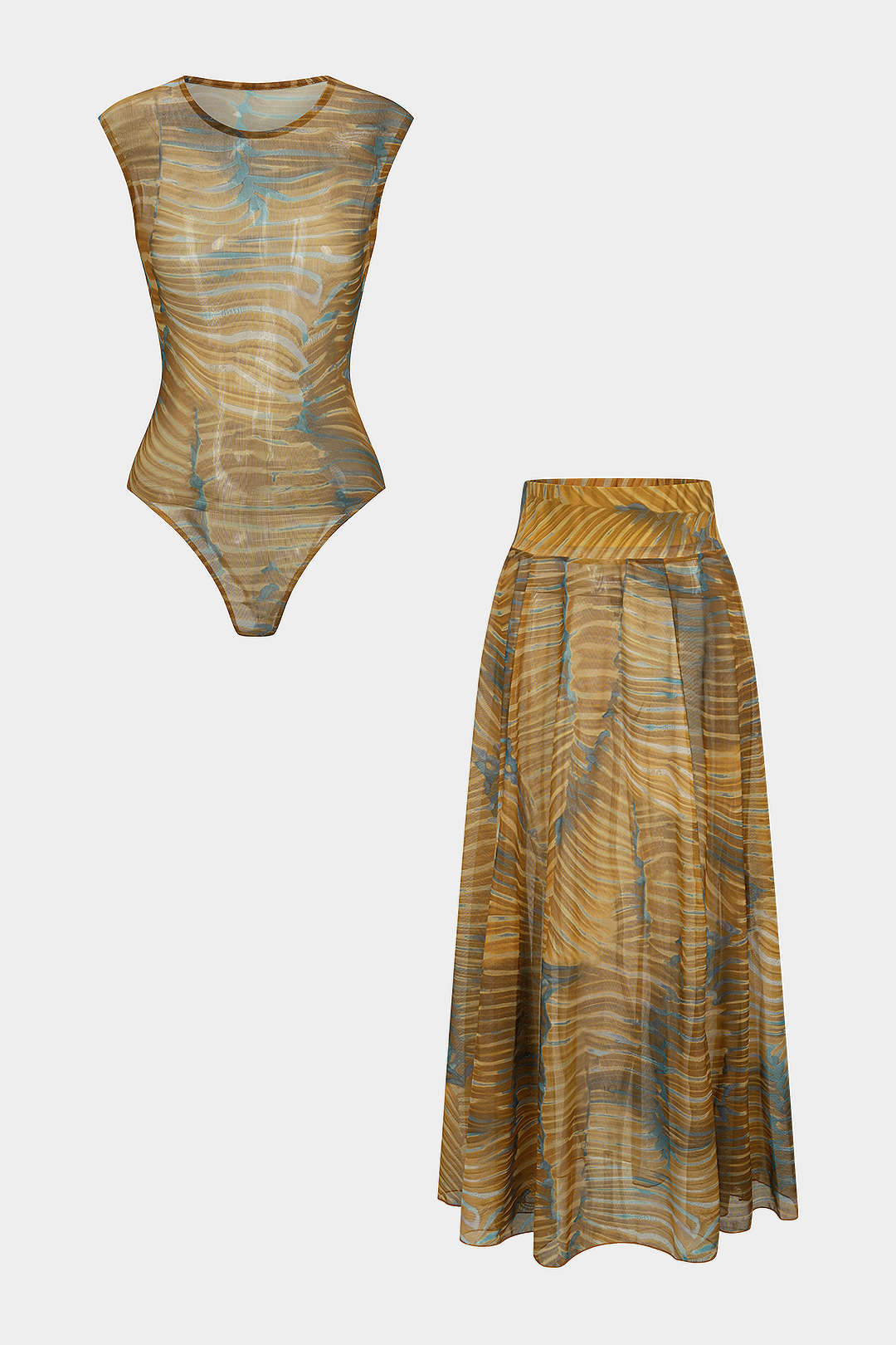 Abstract Print Mesh Sleeveless Bodysuit And Ruched Skirt Set