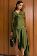 Metallic Ruched Asymmetrical Irregular Hem Long Sleeve Midi Dress